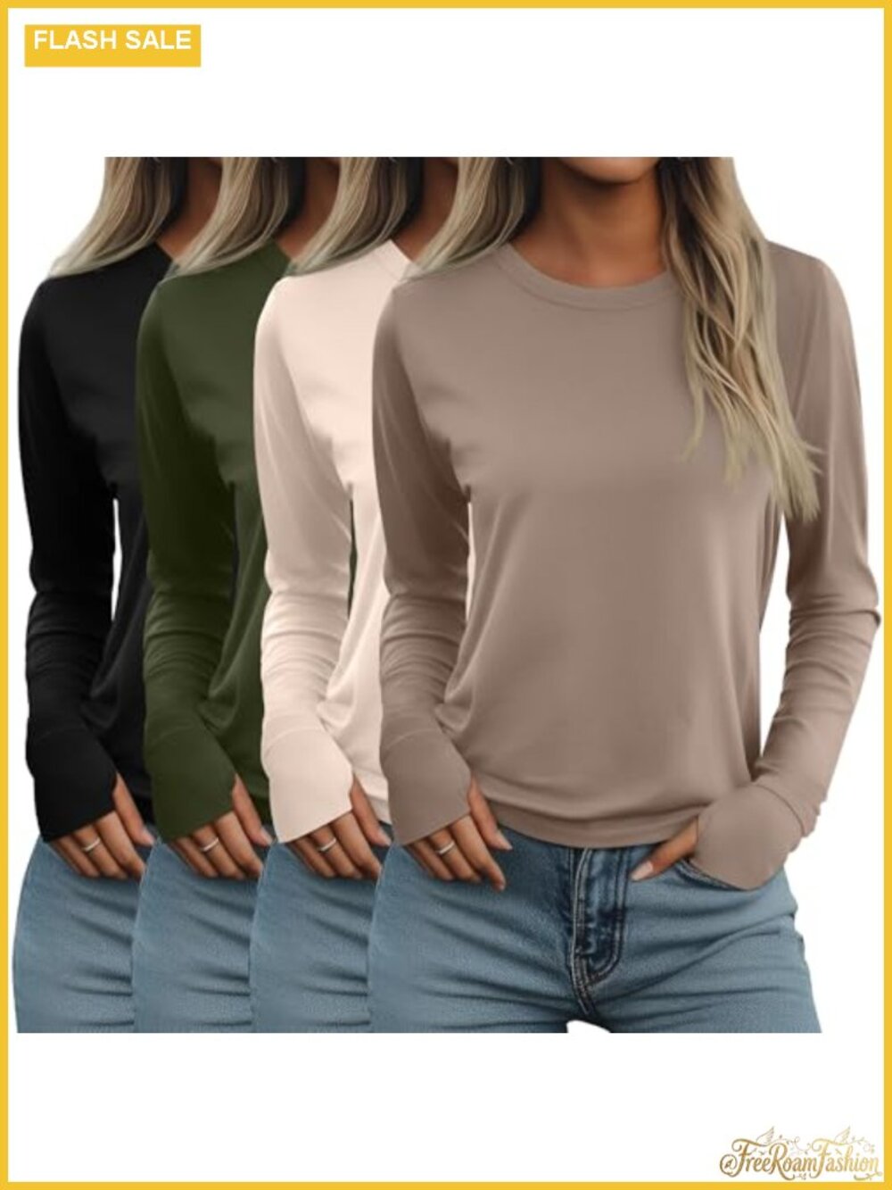 Womens Long Sleeve Thumb Hole T-Shirts 4 Pack Loose Fit Tunic Tops